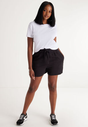 Womens Black Textured Cotton Shorts
