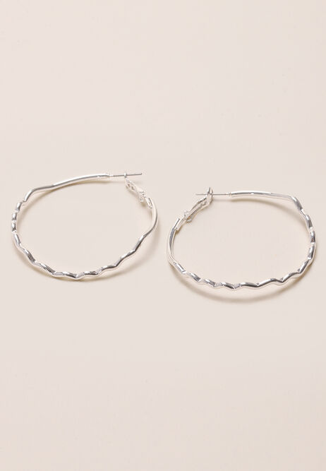 Womens Silver Large Textured Hoops 