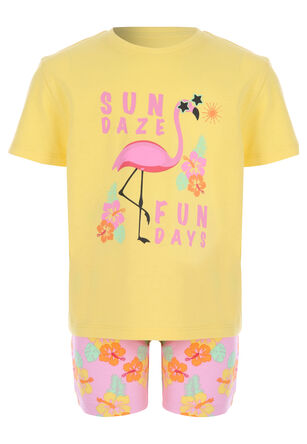 Younger Girls Yellow Flamingo T-shirt & Shorts Set