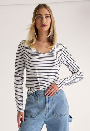 Womens White & Black Stripe V-Neck Casual Long Sleeve T-shirt