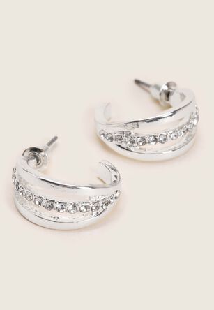 Womens Silver Triple Hoop Diamante Earrings