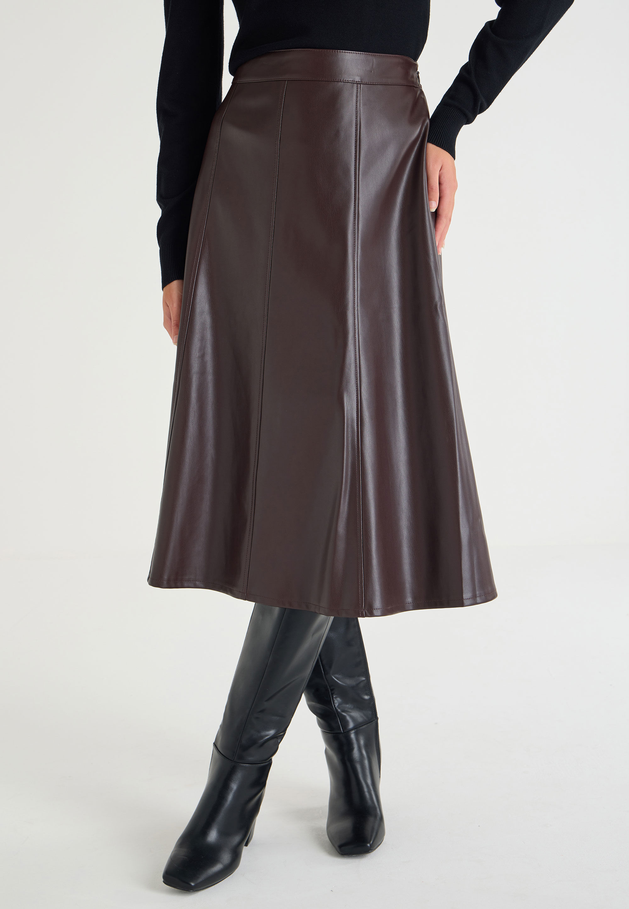 Womens Oxblood PU Midi Circle Skirt Peacocks