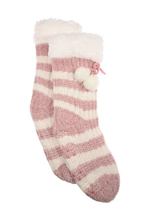 Womens Pink Stripe Knitted Slipper Socks 