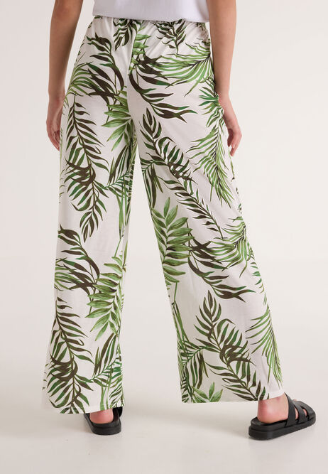 Womens Cream & Green Palm Print Wide Leg Trousers