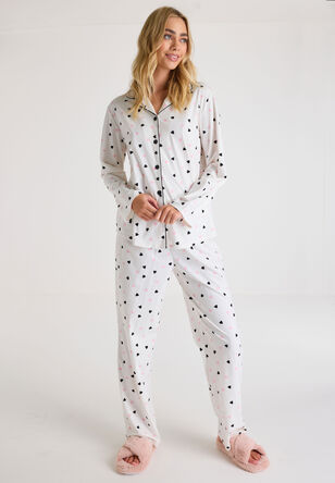 Womens Cream Heart Print Pyjama Set