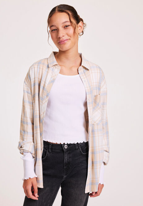 Older Girl Beige Check Brushed Shirt