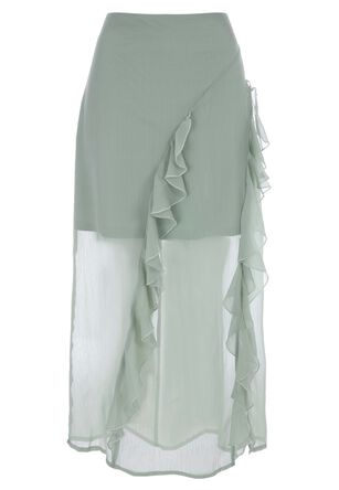 Womens Green Ruffle Sheer Midi Skirt 