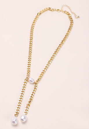Womens Gold Chunky Chain Pearl Drop Necklace