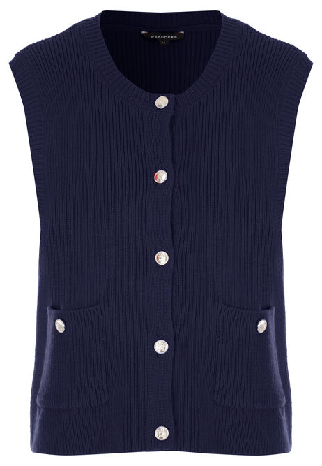 Womens Navy Crew Neck Pocket Knitted Waistcoat