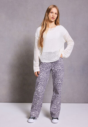 Older Girls Grey Leopard Straight Jeans