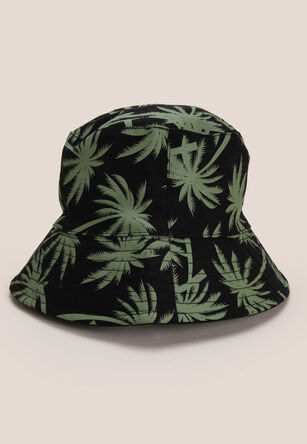 Mens Black & Green Palm Tree Print Bucket Hat