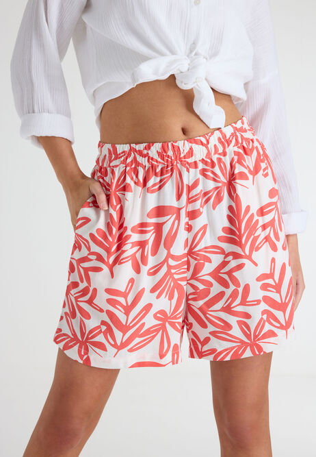 Womens Coral & White Print Shorts
