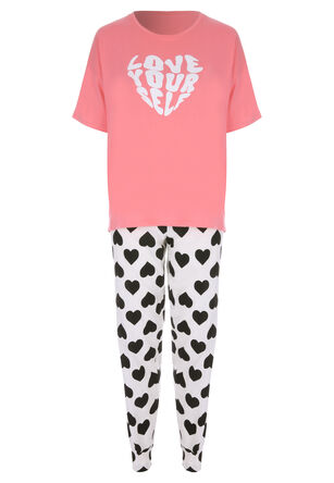 Womens Pink Hearts Jersey Pyjamas Set