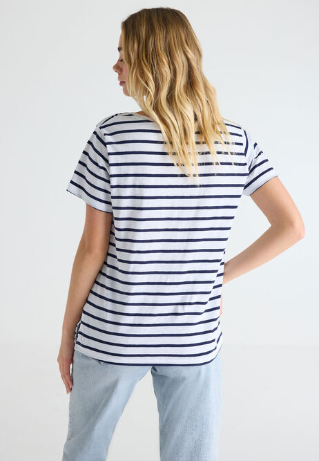 Womens Navy & White Stripe V-Neck T-shirt