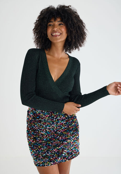 Womens Green Lurex Wrap Jumper