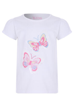 Younger Girls White Butterfly Sequin Short Sleeve T-shirt