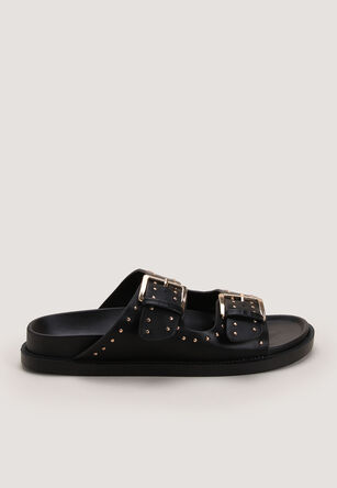 Womens Black Studded Footbed Sandals