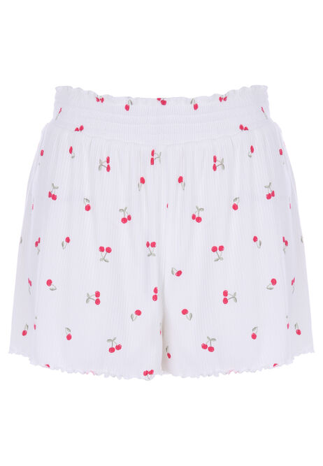 Womens White Cherry Print Ribbed Pyjama Shorts