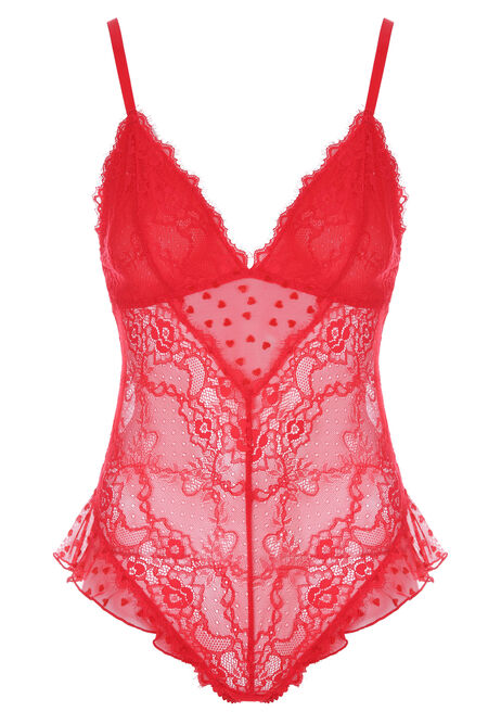 Womens Red Heart Fluted Lace Bodysuit