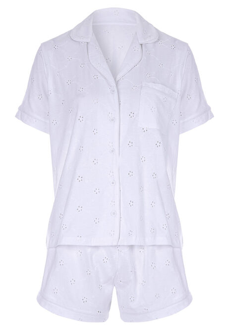 Womens White Broderie Top & Shorts Pyjama Set