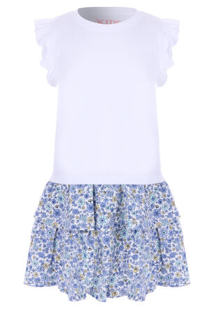 Younger Girls White Floral Tee & Skirt Set