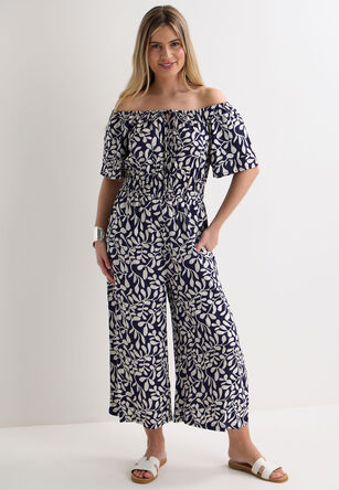Womens Navy Leaf Print Jumpsuit