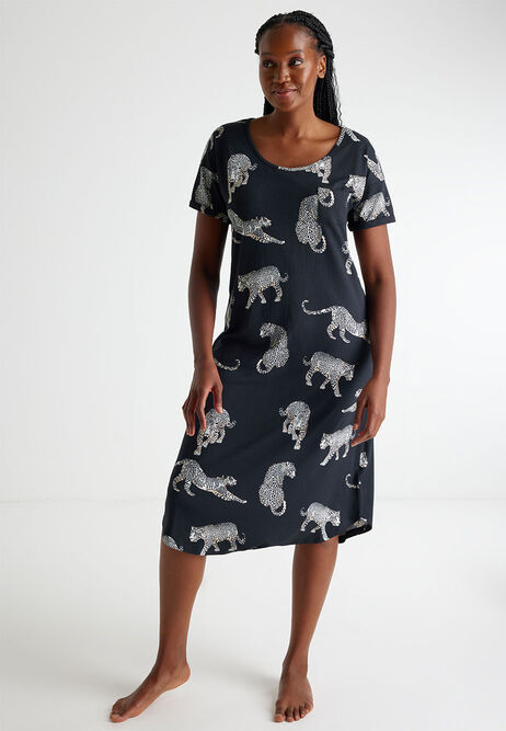 Womens Black Leopard Short Sleeve Nightdress