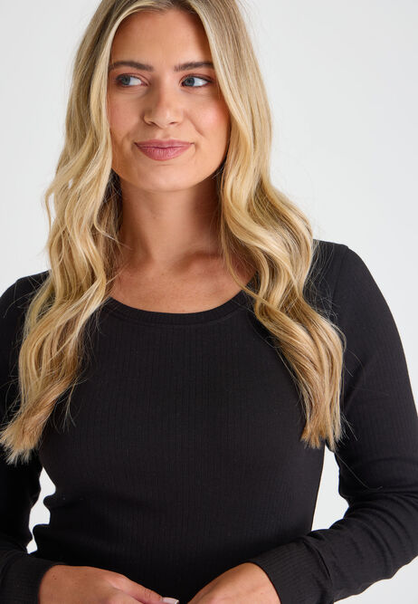 Womens Black Thermal Ribbed Long Sleeve Top