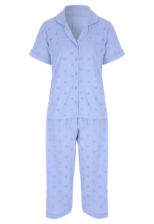 Womens Blue Broidery Anglaise Cropped Pyjama Set