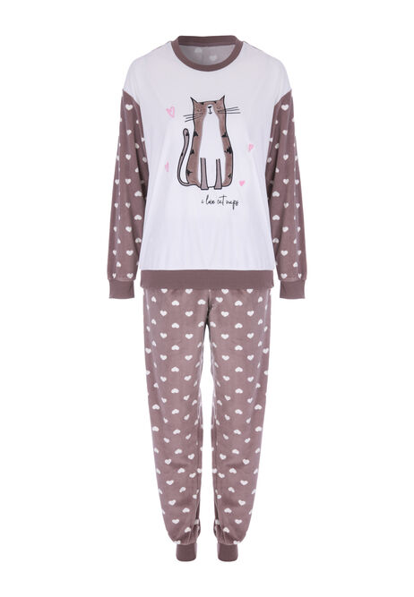 Womens Mocha Cat Baby Fleece Pyjama Set