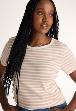 Womens Beige Stripe Crew Rib Tee