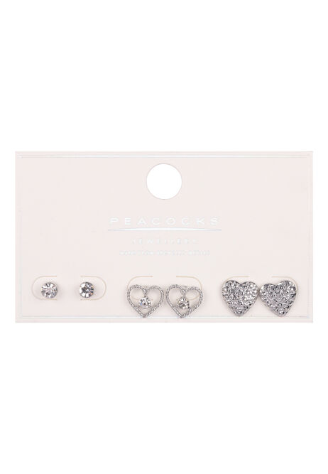Womens 3pk Silver Heart Earrings