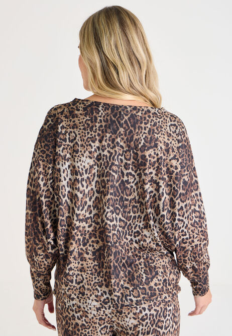 Womens Brown Leopard Print Cosy Batwing Sleeve Top
