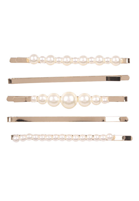 Womens 5pk Gold and Pearl Hair Clips