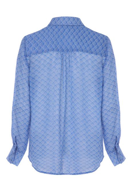 Womens Blue Tile Print Crinkle Long Sleeve Shirt