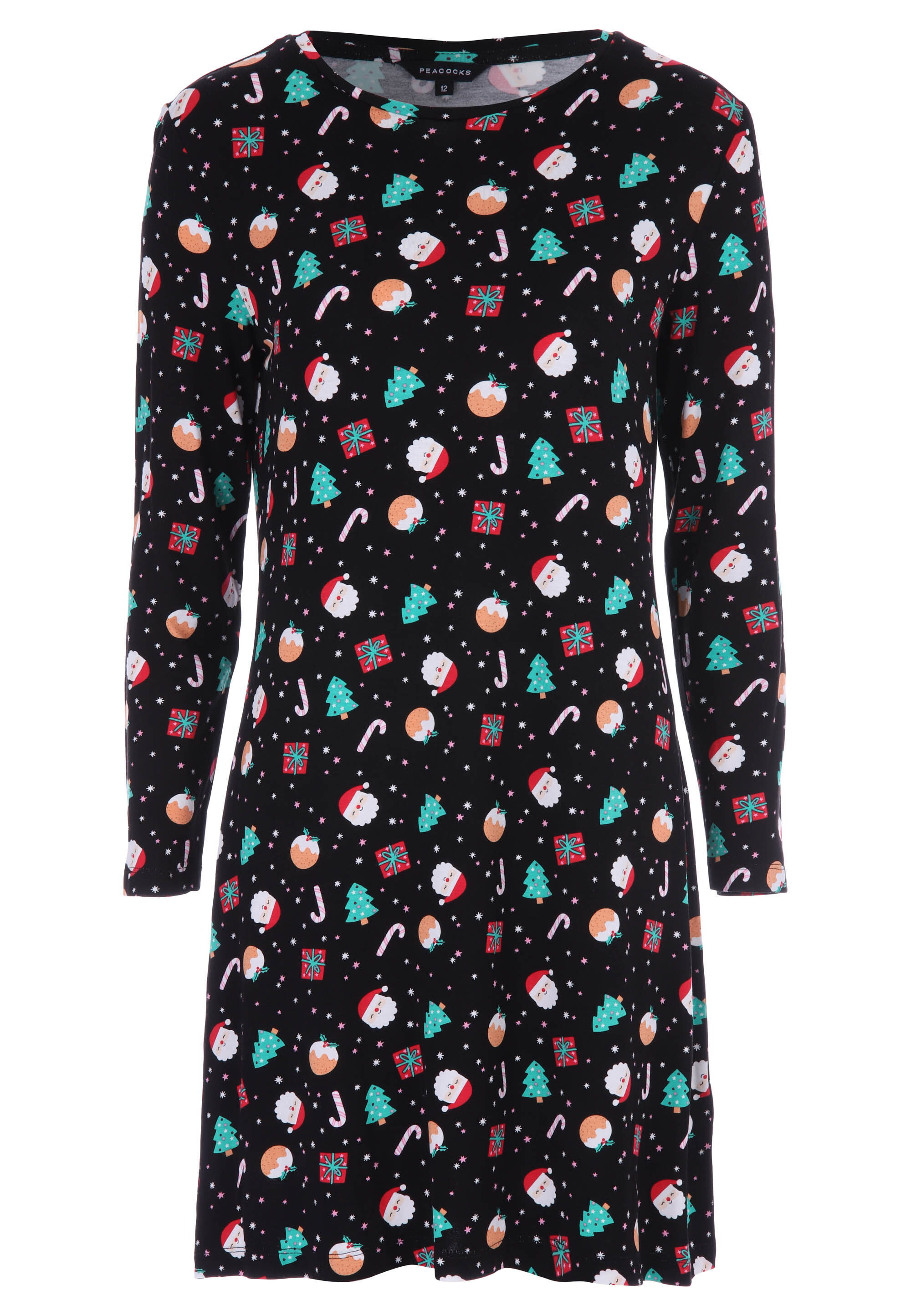 Womens Black Christmas Tree Print Dress Peacocks