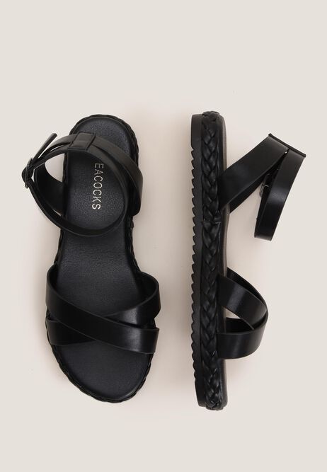 Womens Black Cross-Over Plaited Sandals
