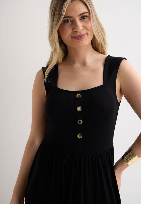 Womens Black Plain Button Front Midi Dress