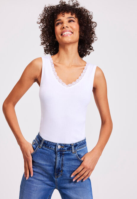 Womens White Lace Trim Ribbed Vest Top