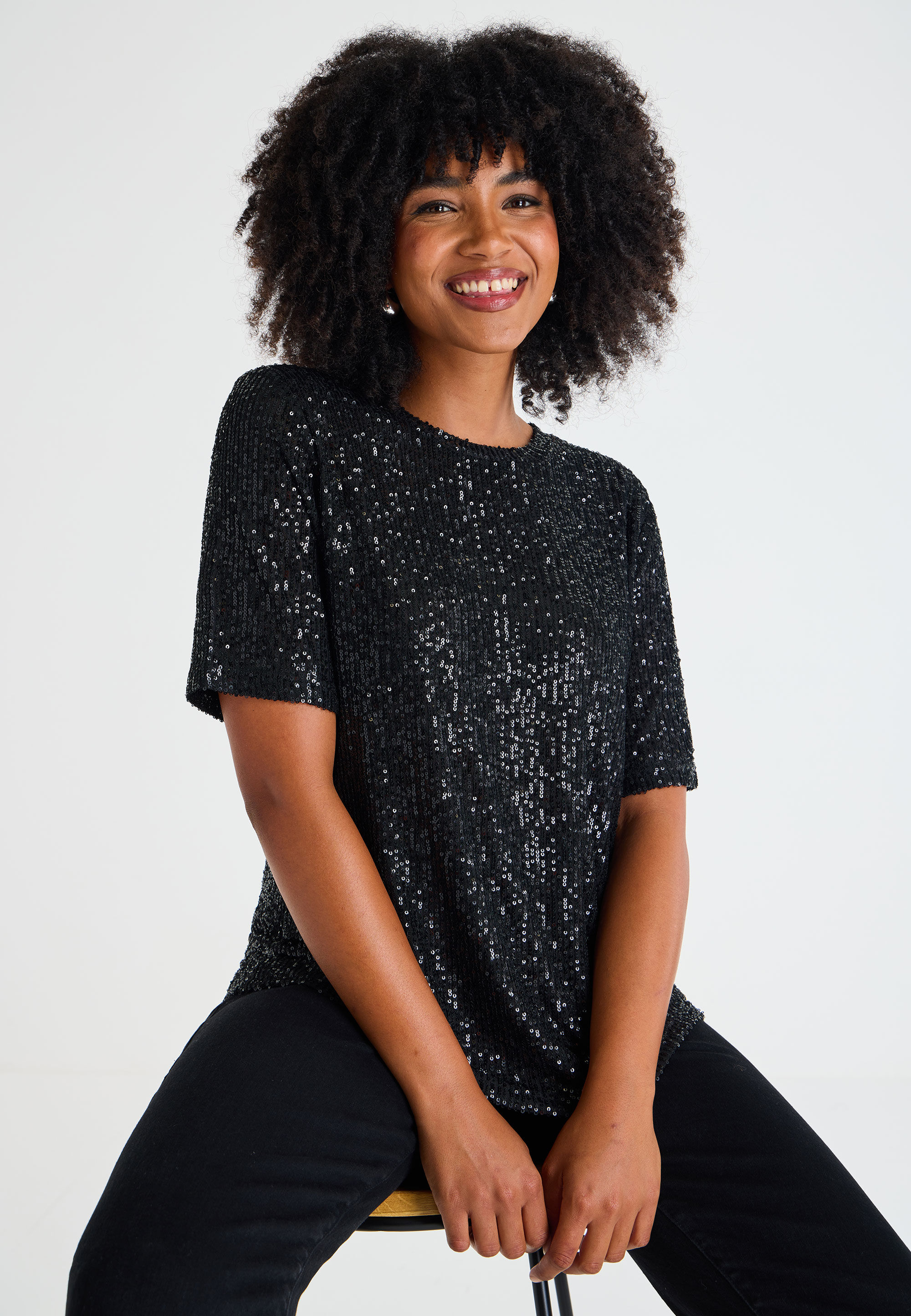 Ladies black sequin top deals