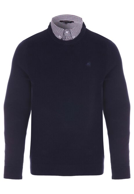 Mens Navy Plain Textured Mock Shirt Jumper Peacocks