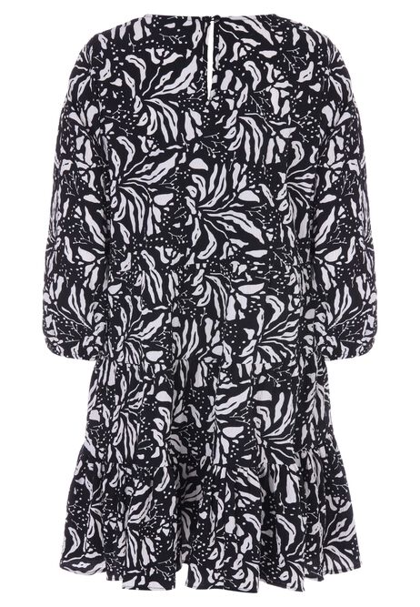 Womens Black and White Floral Smock Dress