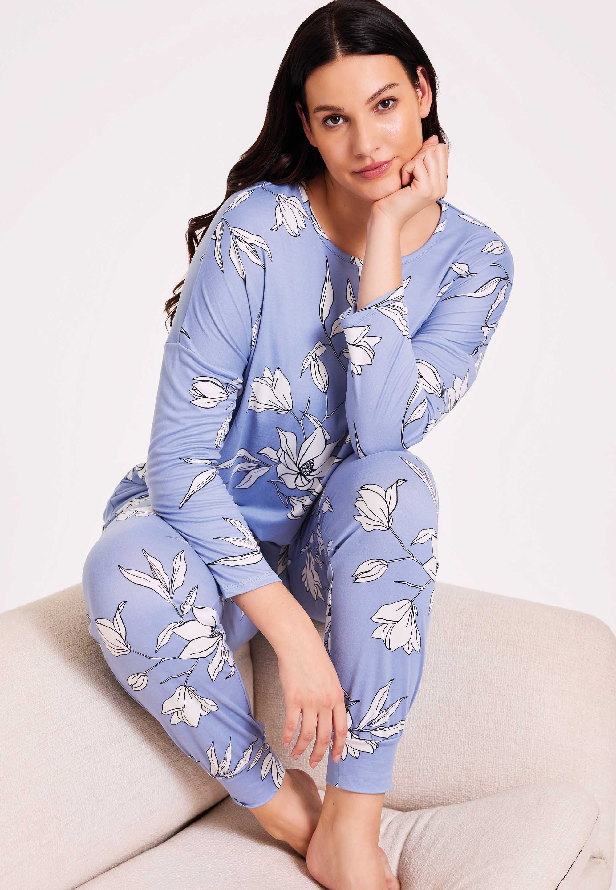 Womens Soft Touch Blue Floral Pyjama Top | Peacocks