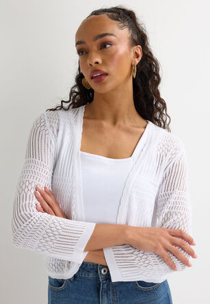Womens White Pointelle Curve Hem Cardigan