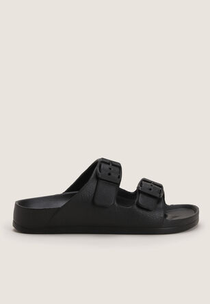 Womens Plain Black Rubber Buckle Footbed Sandals