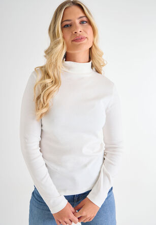 Womens Cream Plain Long Sleeve Roll Neck Top