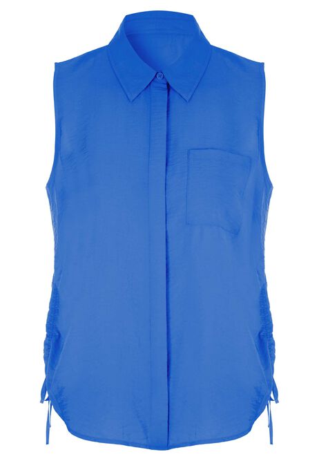 Womens Blue Crinkle Ruched Side Sleeveless Shirt