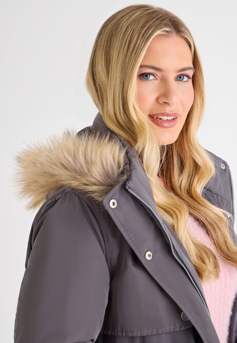 Womens Grey Mid Length Parka Coat