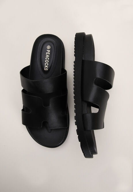 Womens Black Cut Out Strap Footbed Sandals