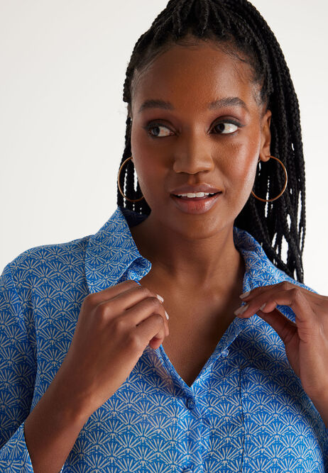 Womens Blue Tile Print Crinkle Long Sleeve Shirt